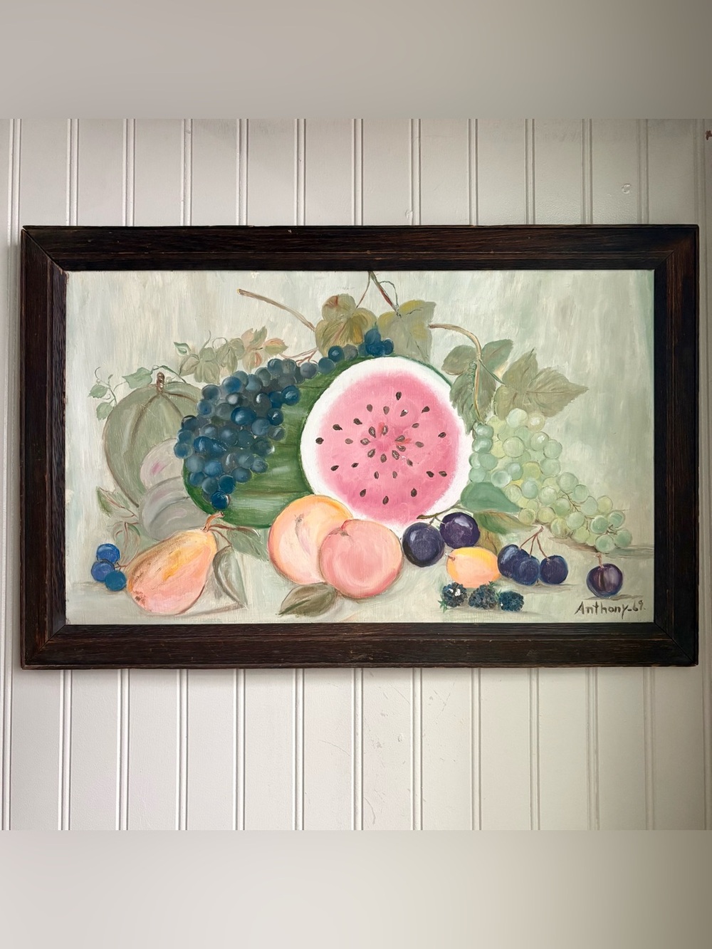Vintage Still Life Fruit Original Painting Signed & Framed circa 1969 VTG Retro